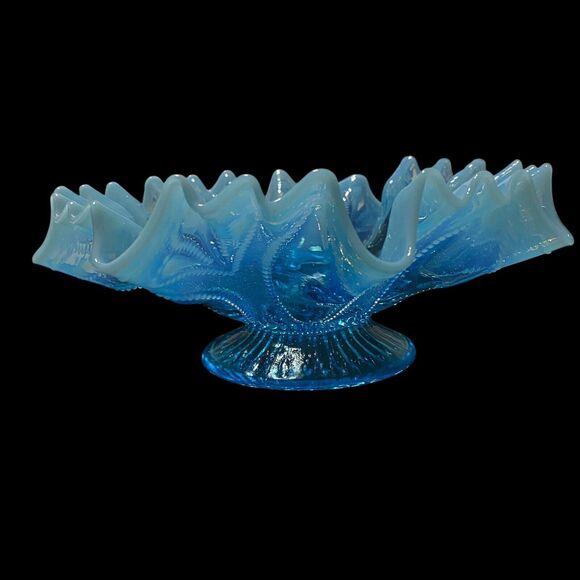 Nothwood Opalescent Blue Antique Glass Roulette Bowl 1906 Crimped Ruffled Edge - Picture 4 of 10